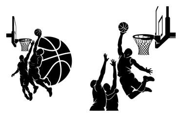 Basketball players jumping for a slam dunk in woodcut stencil style © Camel