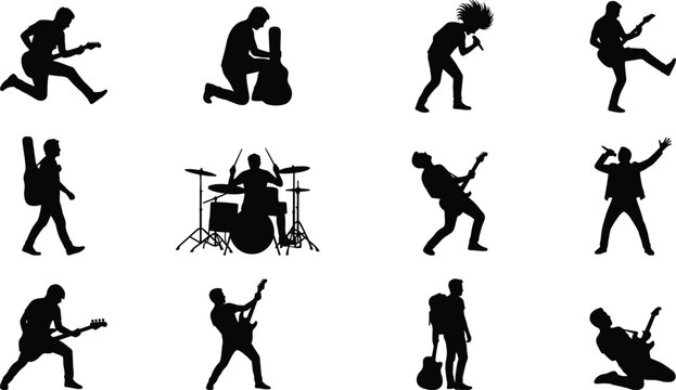 Vector collection of rock band musician silhouette illustrations featuring guitarists, a drummer, and singers performing on stage