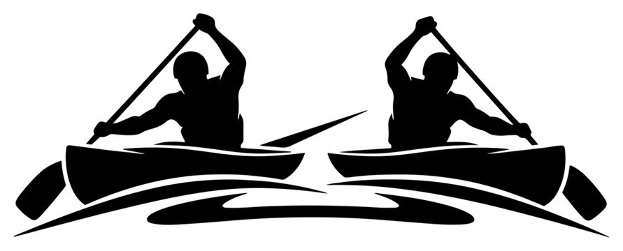 Two rowers paddling canoes on water in minimalist silhouette vector style