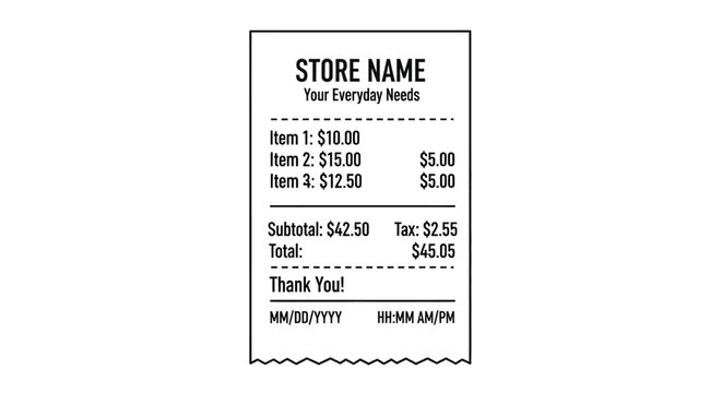 Generic shopping receipt displaying items, subtotal, tax, and total on white background