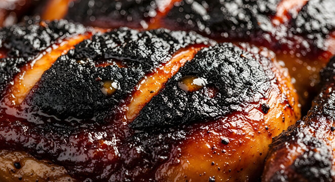 Close-up shot of delicious grilled sausages with charred marks and textures.