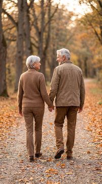 Elderly couple walks hand in hand along a tree-lined path during autumn in a park near their home in the late afternoon