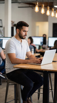 Young man works on laptop at coworking space in the afternoon with other people in the background