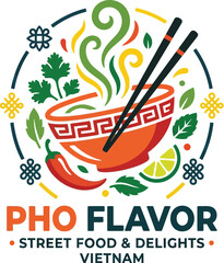 Traditional Vietnamese pho flavor street food logo with bowl and tools © samiul