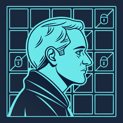 Profile portrait of man looking at digital lock privacy concept with security © PixelFusion