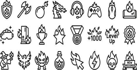 Fototapeta premium Set of gaming icons with fire and flame design elements