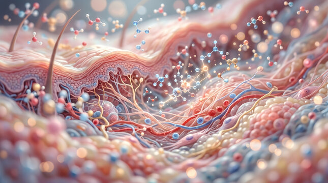 Rich complex of vitamins and collagen peptides deeply nourishes the intricate layers of skin tissue. 3D rendering.