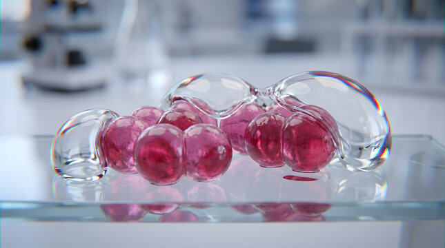 Dividing pink cells are encapsulated in a protective transparent matrix on a sterile lab desk. 3D rendering.