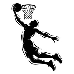 Dynamic Basketball Player Slam Dunk Silhouette Icon – High Jump Action Pose with Hoop and Ball, Minimalist Black Outline Sports Vector Illustration for Athletic Branding   © Jamil