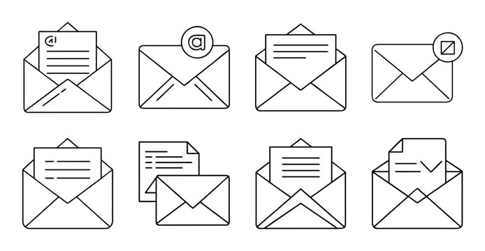 Set of flat design envelope icons with labels - Minimalist envelope icons in flat design style showing different statuses like sent, received, and draft with labels.