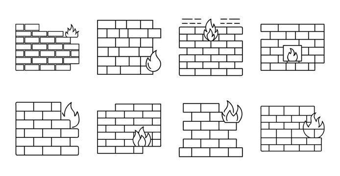 Fire and lightning striking brick wall icons - Set of six simple vector icons showing fire and lightning striking brick walls in different styles.
