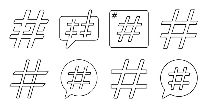 Speech bubble icons with hashtag symbols - Minimalist vector icons of speech bubbles containing hashtag symbols for social media or messaging designs.