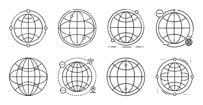 Mathematical globe with latitude and longitude lines - Illustrations of globes showing different views with latitude, longitude, and polar projections for geography or math education.