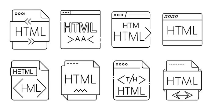 Flat html file document icons set - Minimalist flat icons of HTML files in various styles for web design and development projects.
