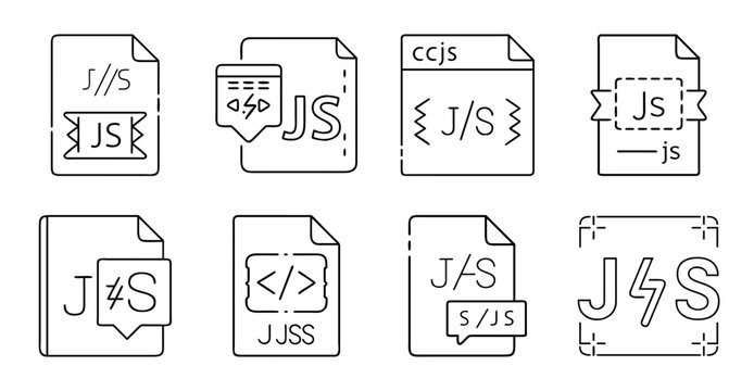 Javascript and jscript file icons set - Flat design icons representing JavaScript and JScript files in various styles for web and app design projects.