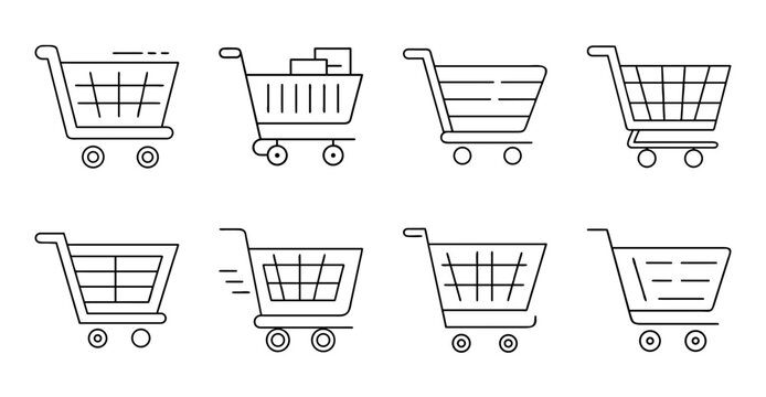 Shopping carts icon set with empty and full styles - Set of six minimalist shopping cart icons showing empty and filled versions for web and app design use.