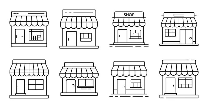 Set of eight simple storefront vector icons - Eight minimalist vector icons of small shops with awnings, perfect for web design or business presentations.