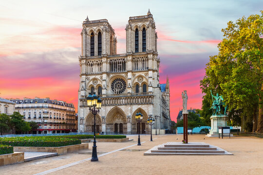 Beautiful evening twilight view of historic Notre-Dame cathedral in Paris, France