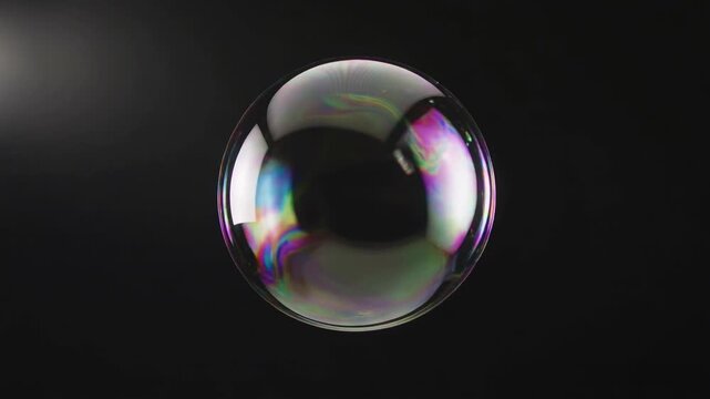 A single soap bubble floats against a dark background. The bubble displays iridescent colors and a smooth, reflective surface.
