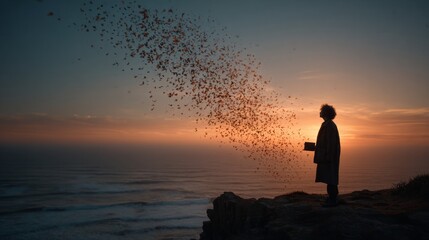 Obraz premium Person releasing flock of birds at sunset cliff overlooking ocean