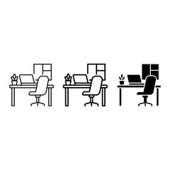 Fototapeta premium Modern Home Office Desk Setup Icons, Minimalist Workspace Illustration, Computer and Chair Vector Graphics