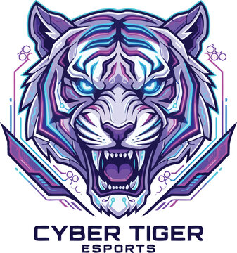 Cyber tiger esports mascot logo with futuristic neon lighting effect