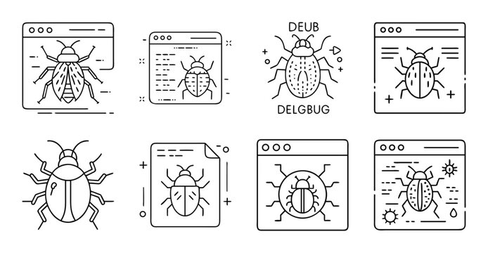 Illustrated beetles and bugs vector icons - Colorful vector icons of beetles and bugs in a clean, organized layout for educational or design use.