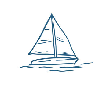 Sailboat Vector Illustration. Hand Drawn Sailing Yacht Sketch on Water Waves. Marine Transportation Line Art Outline Drawing Isolated on White Background for Logo and Adventure Design