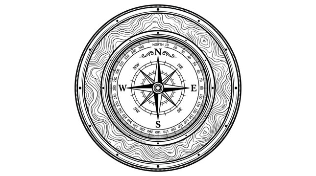 Vintage nautical compass rose illustration featuring topographic map contour line details.