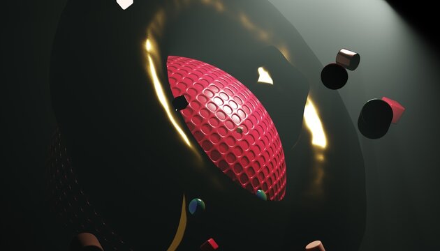 Red textured sphere inside a golden glowing metallic torus