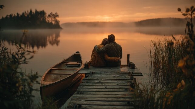 Couple Embraces on Dock Watching Serene Sunset Over Misty Lake with Canoe