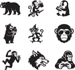 Naklejka premium Funny Cartoon Wild Animal Mascot Vector Set, Cool Streetwear Line Art Bundle