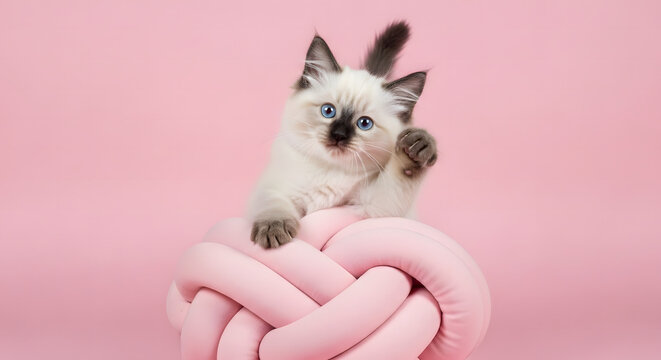 Adorable fluffy ragdoll kitten sitting on a large pink knot pillow against a soft pink background