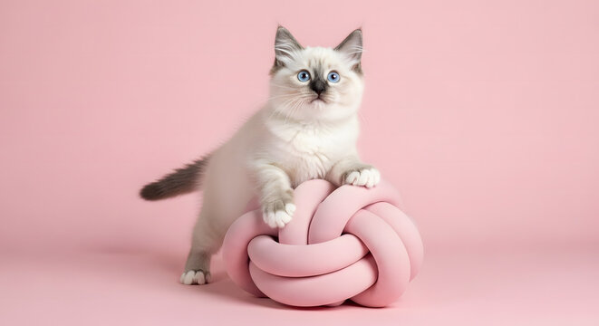 Adorable ragdoll kitten with bright blue eyes posing with a decorative pink knot pillow against a soft pastel pink studio background