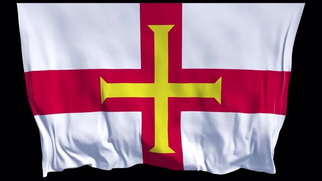 Guernsey flag waving in the wind. Channel Islands British regional identity European geography travel tourism culture history politics education news broadcasts website headers online presentations.
