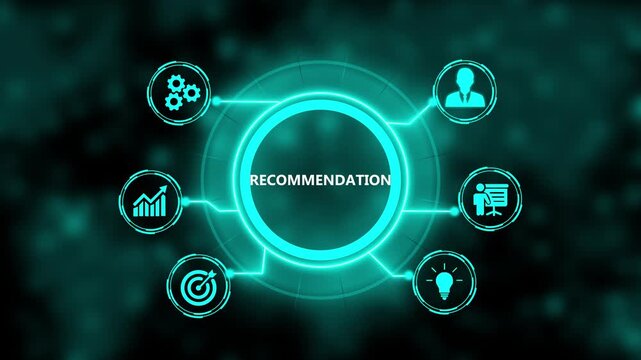 Digital recommendation concept with hud interface and business animated technology background, for corporate strategy, and data analytics presentations