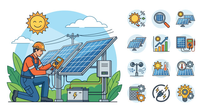 Solar energy technician in hard hat using a digital multimeter on a photovoltaic panel array with battery storage and electrical icons for renewable energy systems maintenance.