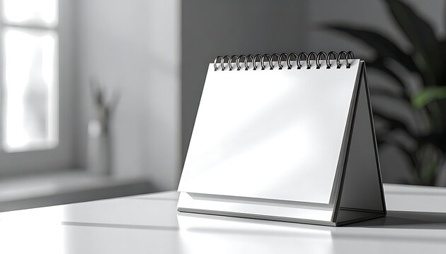 Blank desk calendar with spiral binding on a white table, sunlit by a window, ready for mockup, ideal for planning and scheduling concepts