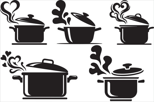 Cooking pot silhouette icon set with hot steam, kitchenware pan and boiling soup logo vector collection