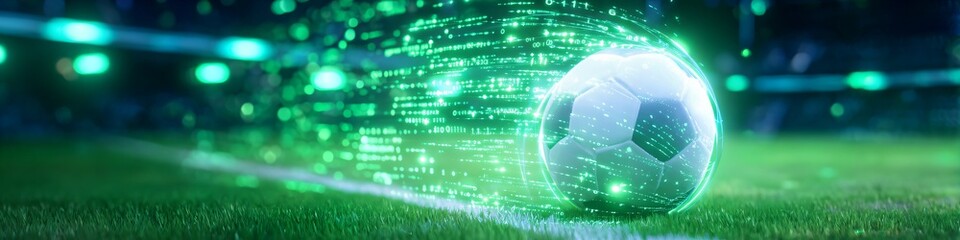 Obraz premium Green light trails swirl around a soccer ball