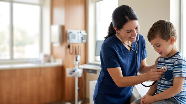 Smiling nurse using a stethoscope to examine a young boy in a hospital