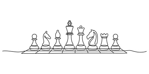 Continuous single line drawing of a set of chess pieces on a board © Chtro