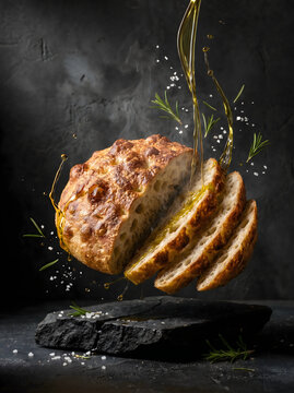 Premium Italian focaccia bread with rosemary herbs sea salt olive oil golden crust steam and elegant artisan bakery presentation on textured stone table
