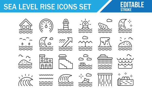 Environmental Sea Level Rise Icons Bundle with Flooding Waves and Erosion Elements