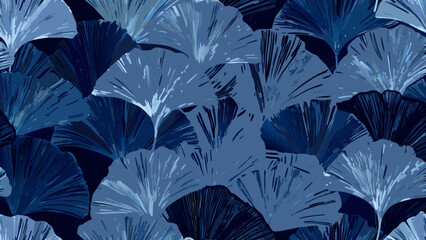 Fototapeta premium seamless pattern of overlapping blue fan shapes stylized botanical illustration with a dark tone