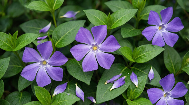 Purple Vinca Flowers Blooming Among Green Leaves