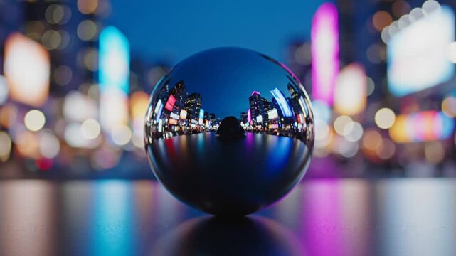 Chrome sphere reflecting vibrant city lights at night