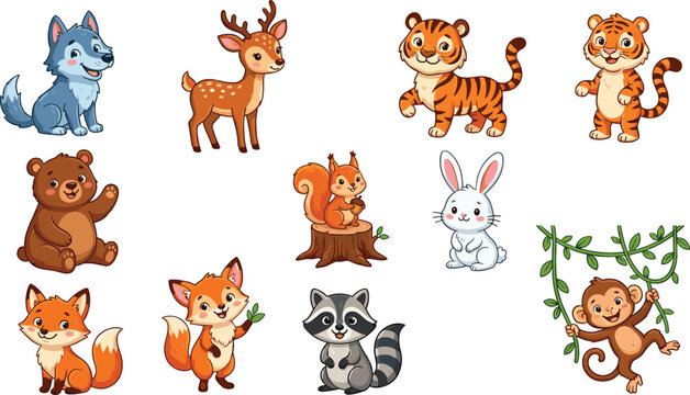 Cute cartoon wild animals collection with baby tiger wolf deer fox bear squirrel rabbit raccoon monkey isolated on white background vector illustration set