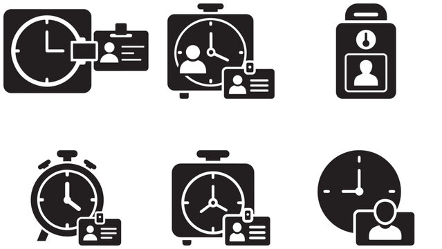 Time tracking and employee identification icon set with clocks, badges, and attendance management symbols for workplace systems