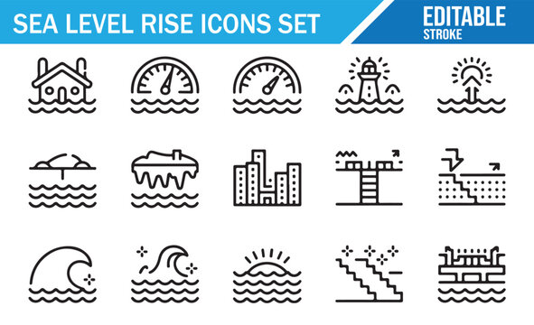 Sea Level Rise Icons Set with Climate Change Flooding Ocean Waves and Coastal Erosion Line Symbols